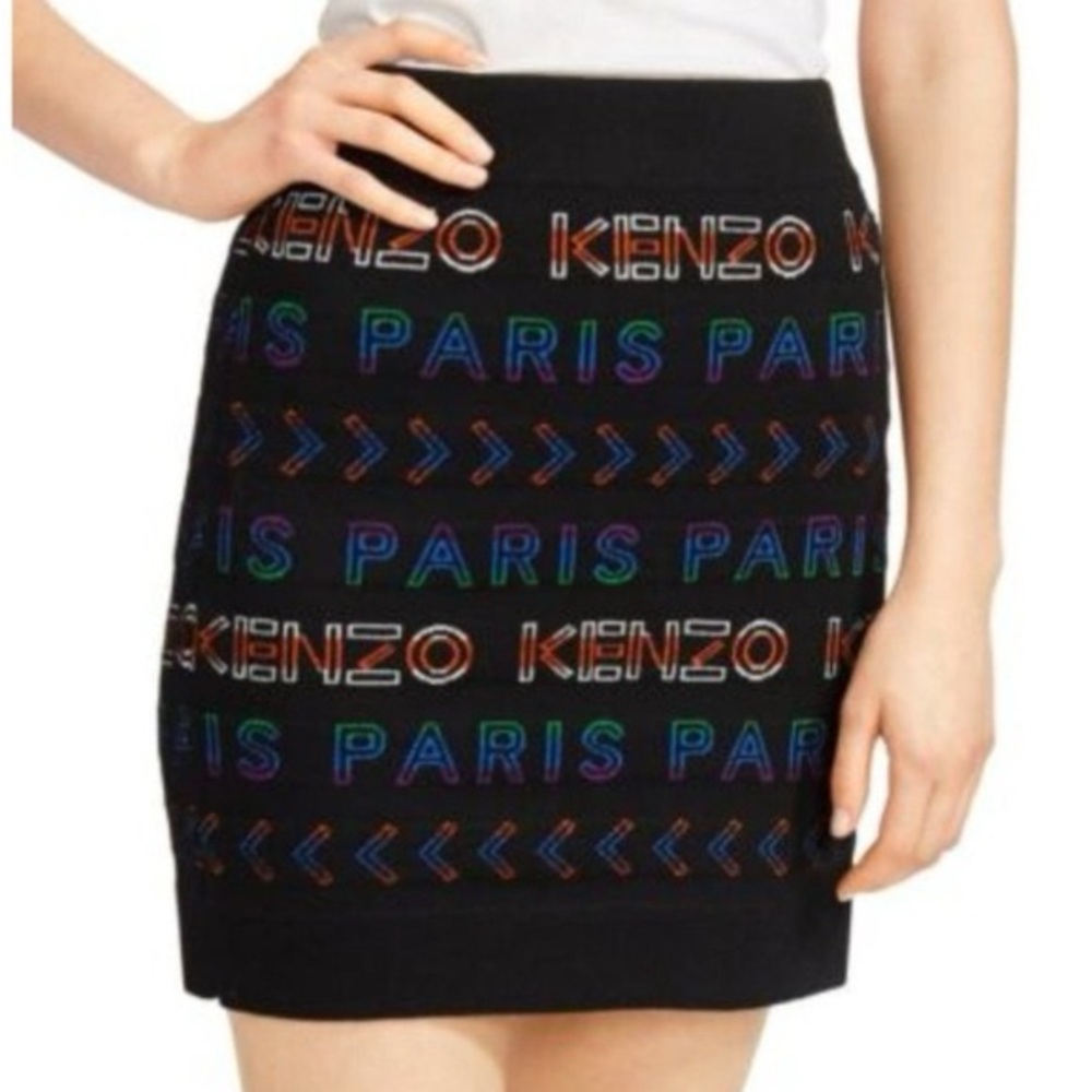 KENZO Paris Logo Knit Mini Skirt Black Multicolor – Wool Blend